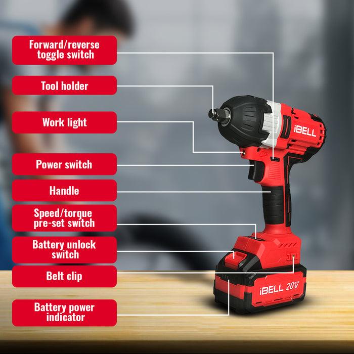 IBELL One Power Series Cordless Impact Wrench Brushless BW 20-50 20V 1/2" 500Nm 4Ah Battery & Charger+BMC BOX-12 months warranty