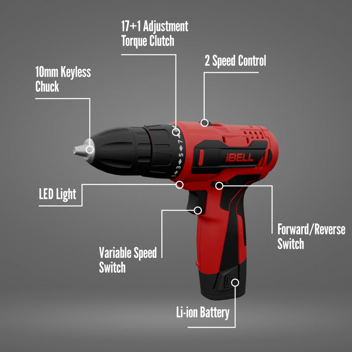 iBELL Cordless Drill Driver CD12-74, 12-Volts,1 Battery+BMC Box + Extra 32 Accessories