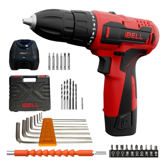 iBELL Cordless Drill Driver CD12-74, 12-Volts,1 Battery+BMC Box + Extra 32 Accessories