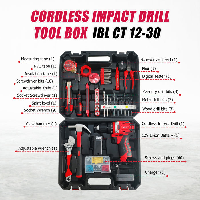 iBELL Professional 12V Cordless Impact Drill Driver CT12-30 ,0-1450 RPM, 30Nm Torque, 0-27000 IPM Impact Rate, 15mm Wood & 10mm Steel Drilling Capacity, Li-ion Battery 1500mAh, 101 Home Essential Tools/Accessories