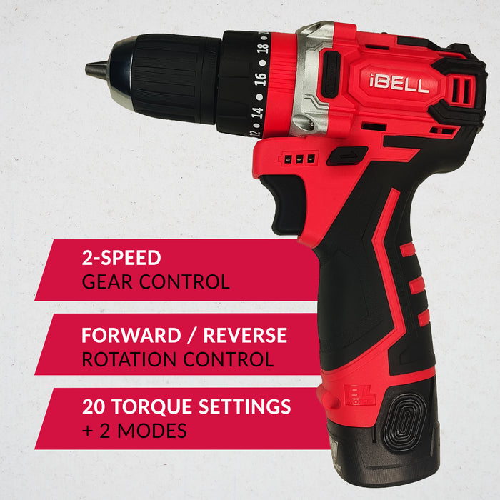 iBELL Professional 12V Cordless Impact Drill Driver CT12-30 ,0-1450 RPM, 30Nm Torque, 0-27000 IPM Impact Rate, 15mm Wood & 10mm Steel Drilling Capacity, Li-ion Battery 1500mAh, 101 Home Essential Tools/Accessories