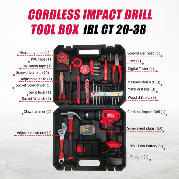 iBELL Professional 20V Cordless Impact Drill Driver CT20-38 ,0-1450 RPM, 38Nm Torque, 0-27000 IPM Impact Rate, 15mm Wood & 10mm Steel Drilling Capacity, Li-ion Battery 1500mAh, 101 Home Essential Tools/Accessories