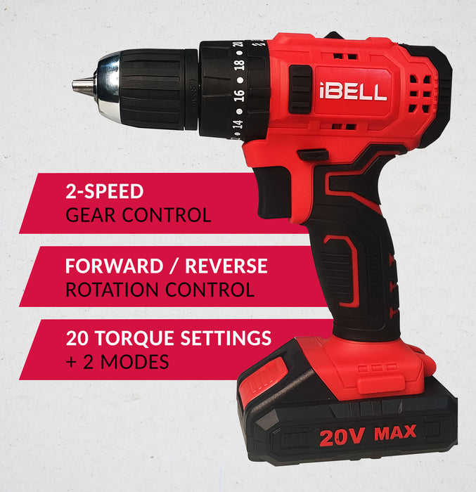 iBELL Professional 20V Cordless Impact Drill Driver CT20-38 ,0-1450 RPM, 38Nm Torque, 0-27000 IPM Impact Rate, 15mm Wood & 10mm Steel Drilling Capacity, Li-ion Battery 1500mAh, 101 Home Essential Tools/Accessories