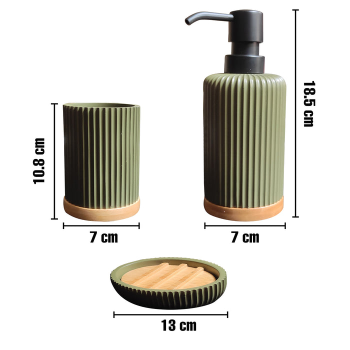 IBL 02-G3 iBELL Polyresin Bathroom Set of 3 Pcs - Soap Dispenser,Tumbler, Soap Dish for Bathroom Decor and Home Gift Set,Green textured