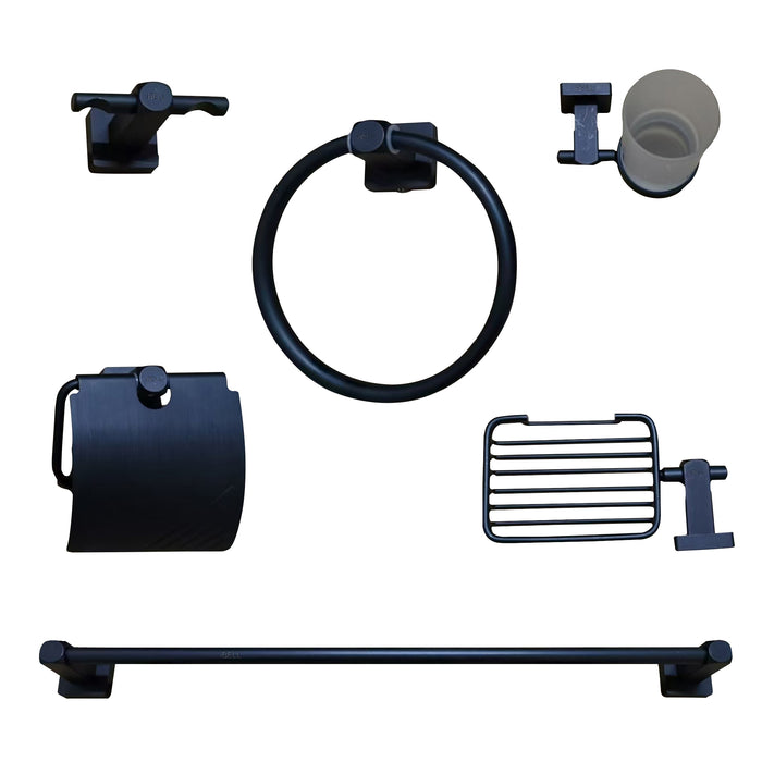 11-AL iBell Black Aluminum Bathroom Accessories Set of 6-Pcs/Bathroom Hardware Set (Towel Bar/Soap Holder/Toothbrush Holder with Tumbler/Toilet Paper Holder/Hook/Towel Ring), Matte Black.