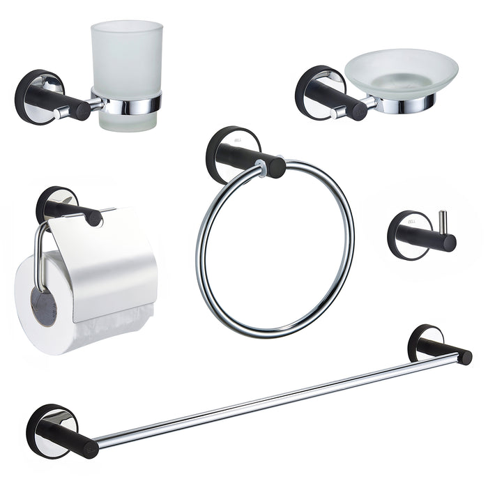 17-B6 iBELL 6-Piece Bathroom Accessories Set, Stainless Steel Chrome Finish (Towel Rail, Towel Ring, Soap Dish, Tumbler Holder, Toilet Paper Holder, Robe Hook)