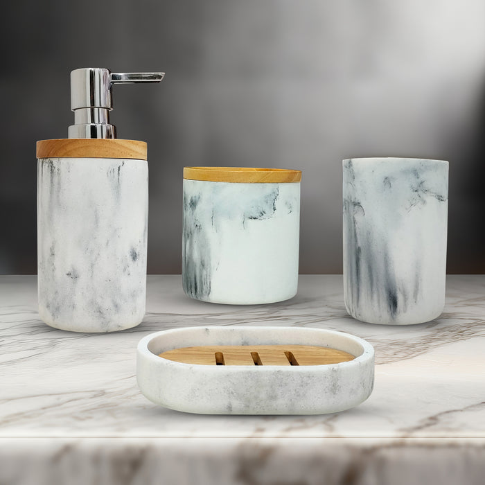 25-W3 iBELL 4-Piece Bathroom Accessories Set - Soap Dispenser, Tumbler, Toothbrush Holder, Soap Dish | Bathroom Organizer | Handwash Dispenser | Soap Case (Italian Marble Finish)