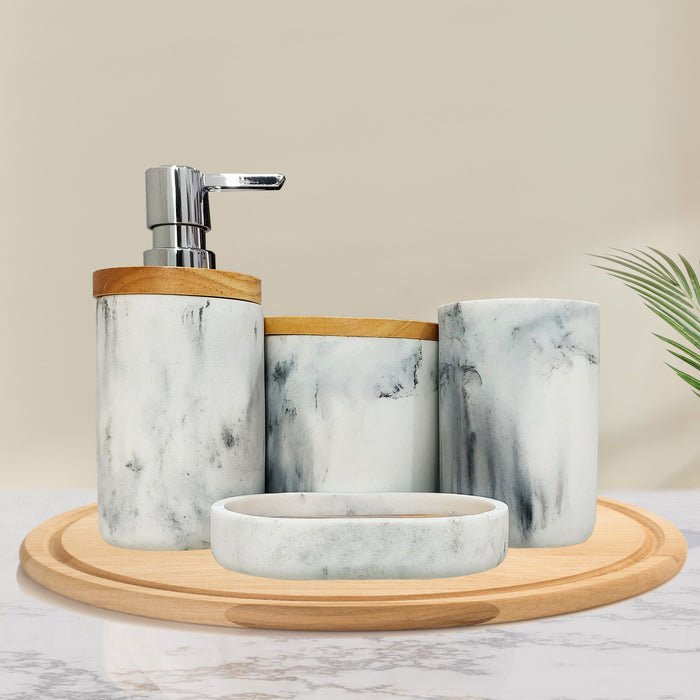 25-W3 iBELL 4-Piece Bathroom Accessories Set - Soap Dispenser, Tumbler, Toothbrush Holder, Soap Dish | Bathroom Organizer | Handwash Dispenser | Soap Case (Italian Marble Finish)