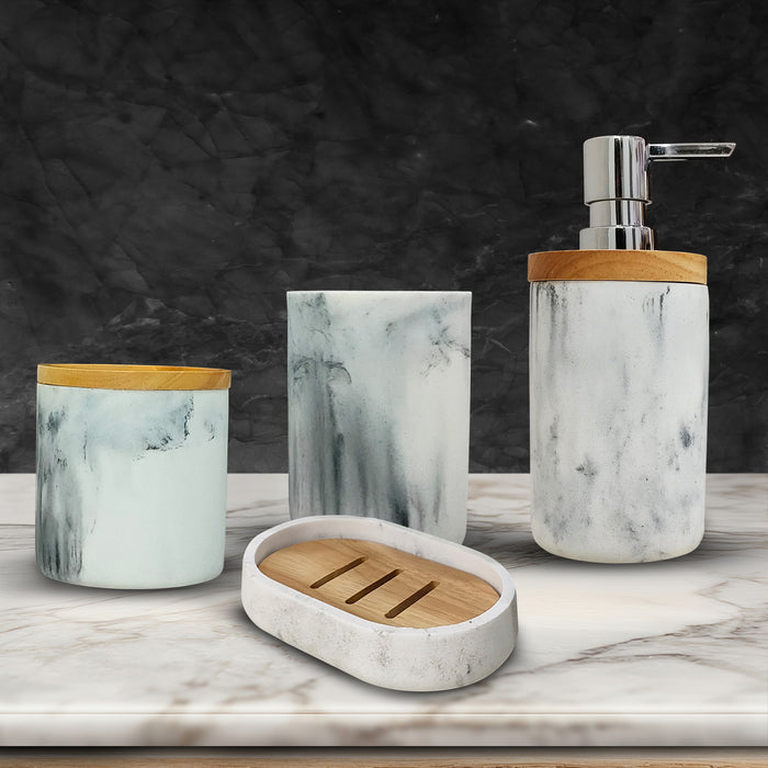 25-W3 iBELL 4-Piece Bathroom Accessories Set - Soap Dispenser, Tumbler, Toothbrush Holder, Soap Dish | Bathroom Organizer | Handwash Dispenser | Soap Case (Italian Marble Finish)