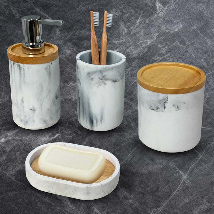 25-W3 iBELL 4-Piece Bathroom Accessories Set - Soap Dispenser, Tumbler, Toothbrush Holder, Soap Dish | Bathroom Organizer | Handwash Dispenser | Soap Case (Italian Marble Finish)