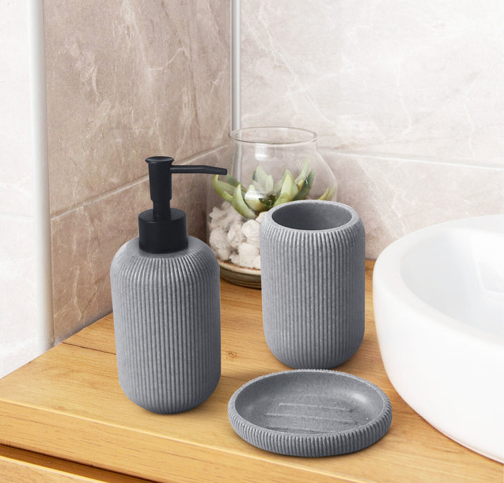 IBL 26-B3 iBELL Polyresin Bathroom Set of 3 Pcs - Soap Dispenser,Tumbler, Soap Dish for Bathroom Decor and Home Gift Set,Grey textured