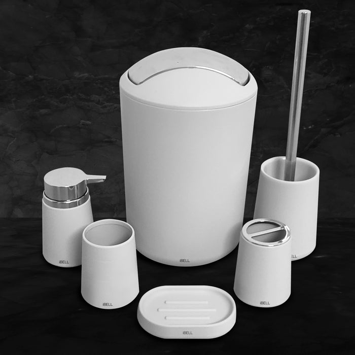 IBL 26-W6 iBELL 6-Piece Plastic Bathroom Accessories Set – Includes Toothbrush Holder, Toothbrush Cup, Soap Dispenser, Soap Dish, Toilet Brush Holder, and Trash Can, White