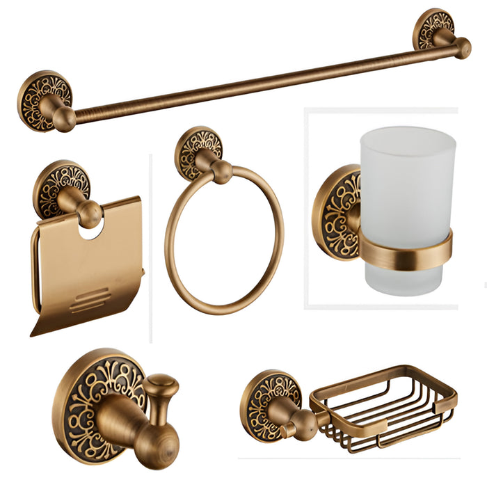 IBL 27-AL iBell Aluminum Bathroom Accessories Set of 6-Pcs/Bathroom Hardware Set (Towel Bar/Soap Holder/Toothbrush Holder with Tumbler/Toilet Paper Holder/Hook/Towel Ring), Gold Finish