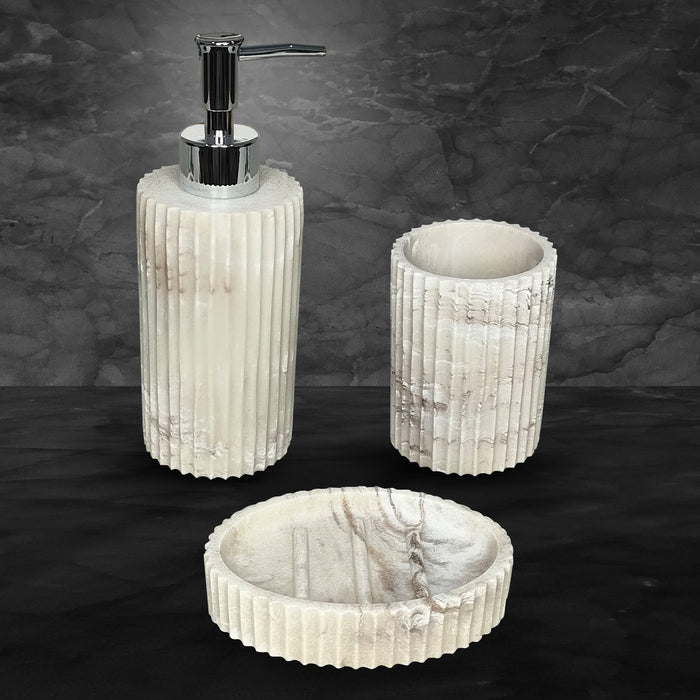 30-W3 iBELL Polyresin Bathroom Set of 3 Pcs - Soap Dispenser, Tumbler, Soap Dish for Bathroom Decor and Home Gift Set, Italian Marble Textured Finish