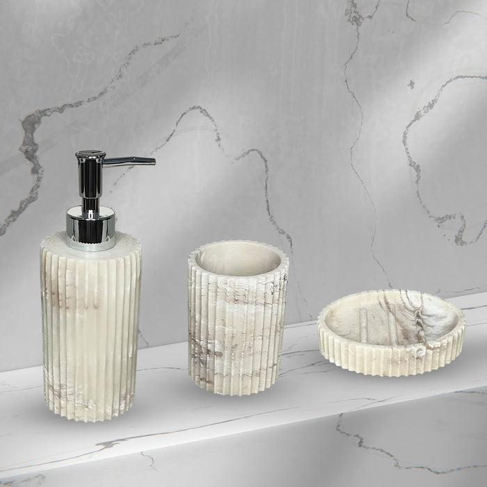 30-W3 iBELL Polyresin Bathroom Set of 3 Pcs - Soap Dispenser, Tumbler, Soap Dish for Bathroom Decor and Home Gift Set, Italian Marble Textured Finish