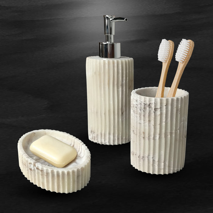 30-W3 iBELL Polyresin Bathroom Set of 3 Pcs - Soap Dispenser, Tumbler, Soap Dish for Bathroom Decor and Home Gift Set, Italian Marble Textured Finish