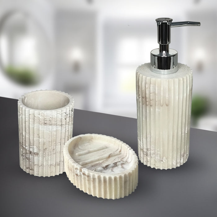 30-W3 iBELL Polyresin Bathroom Set of 3 Pcs - Soap Dispenser, Tumbler, Soap Dish for Bathroom Decor and Home Gift Set, Italian Marble Textured Finish