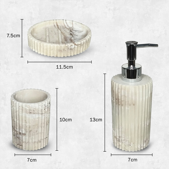 30-W3 iBELL Polyresin Bathroom Set of 3 Pcs - Soap Dispenser, Tumbler, Soap Dish for Bathroom Decor and Home Gift Set, Italian Marble Textured Finish