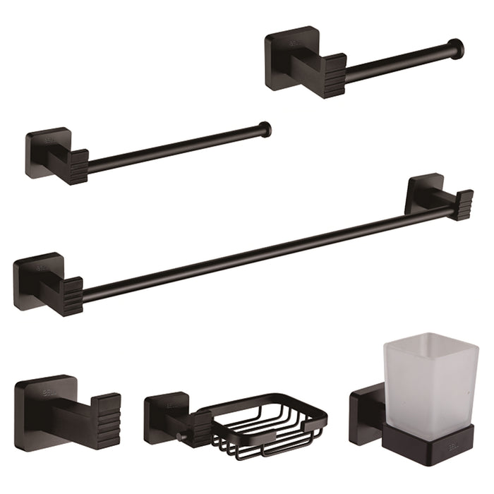 IBL 43-AL iBell Black Aluminum Bathroom Accessories Set of 6-Pcs/Bathroom Hardware Set (Towel Bar/Soap Holder/Toothbrush Holder with Tumbler/Toilet Paper Holder/Hook/Towel Ring), Matte Black.