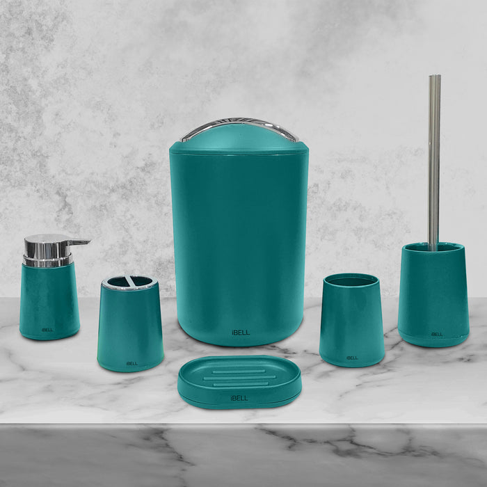 IBL 46-B6 iBELL 6-Piece Plastic Bathroom Accessories Set – Includes Toothbrush Holder, Toothbrush Cup, Soap Dispenser, Soap Dish, Toilet Brush Holder, and Trash Can, Blue-Green