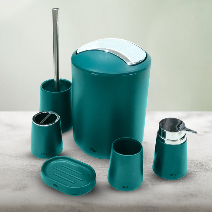 IBL 46-B6 iBELL 6-Piece Plastic Bathroom Accessories Set – Includes Toothbrush Holder, Toothbrush Cup, Soap Dispenser, Soap Dish, Toilet Brush Holder, and Trash Can, Blue-Green