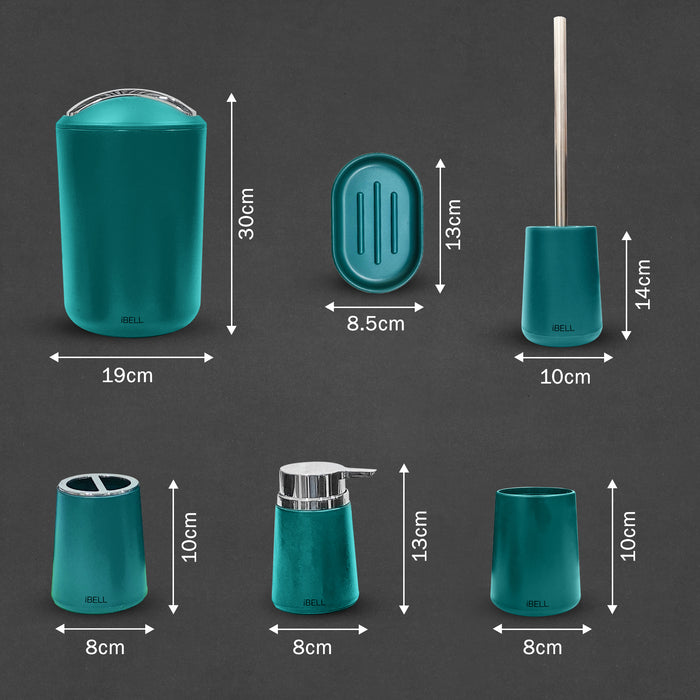 IBL 46-B6 iBELL 6-Piece Plastic Bathroom Accessories Set – Includes Toothbrush Holder, Toothbrush Cup, Soap Dispenser, Soap Dish, Toilet Brush Holder, and Trash Can, Blue-Green