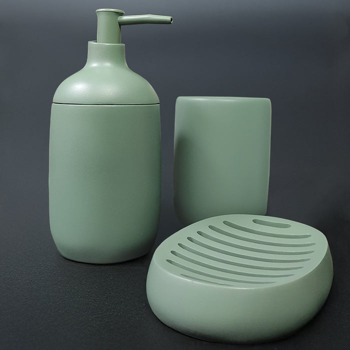 IBL 63-G3 iBELL Polyresin Bathroom Set of 3 Pcs – Soap Dispenser, Tumbler, Soap Dish for Bathroom Décor and Home Gift Set, Green Smooth Finish