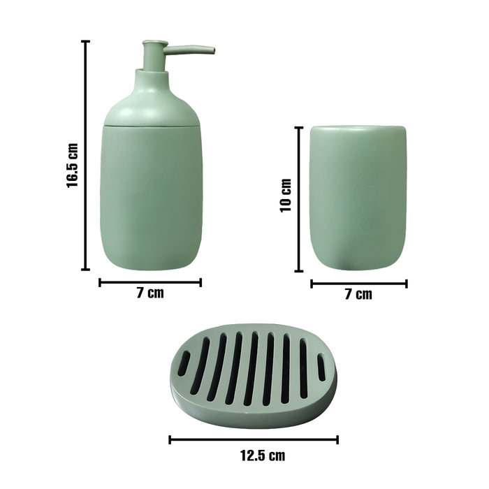 IBL 63-G3 iBELL Polyresin Bathroom Set of 3 Pcs – Soap Dispenser, Tumbler, Soap Dish for Bathroom Décor and Home Gift Set, Green Smooth Finish