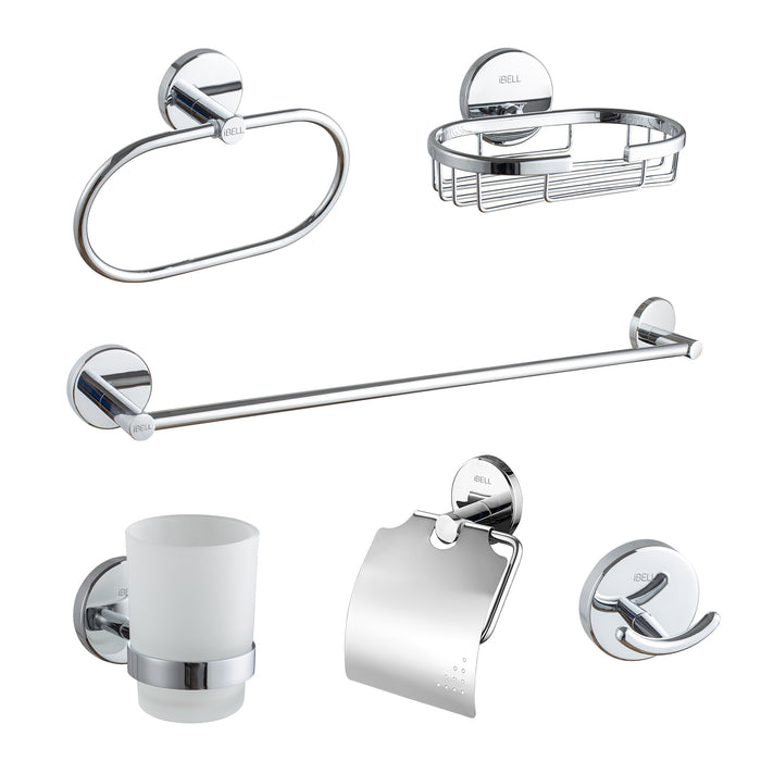 67-ZS iBell Stainless Steel Bathroom Accessories Set of 6-Pcs/Bathroom Hardware Set (Towel Bar/Soap Holder/Toothbrush Holder with Tumbler/Toilet Paper Holder/Hook/Towel Ring), Chrome Finish