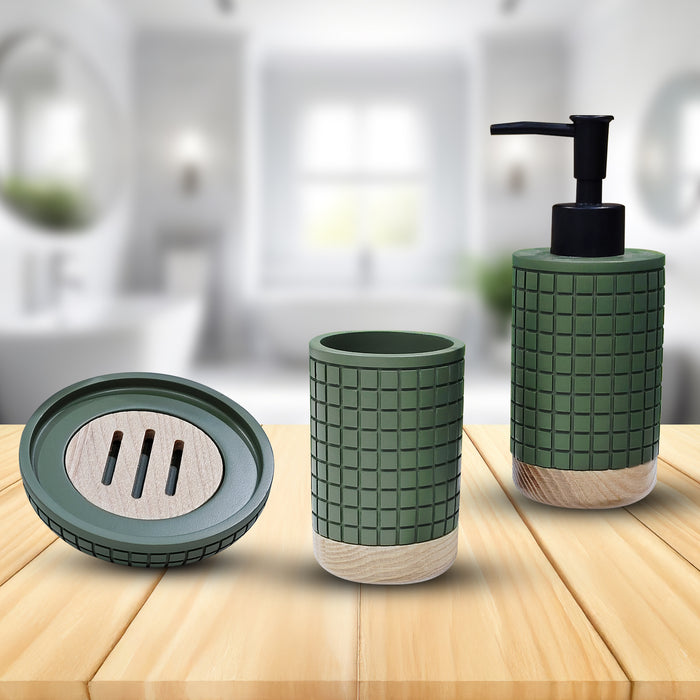 IBL 71-R3 iBELL Polyresin Bathroom Set of 3 Pcs - Soap Dispenser,Tumbler, Soap Dish for Bathroom Decor and Home Gift Set,Green textured