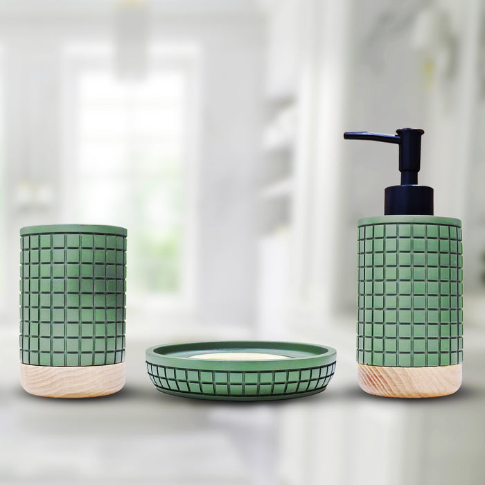 IBL 71-R3 iBELL Polyresin Bathroom Set of 3 Pcs - Soap Dispenser,Tumbler, Soap Dish for Bathroom Decor and Home Gift Set,Green textured