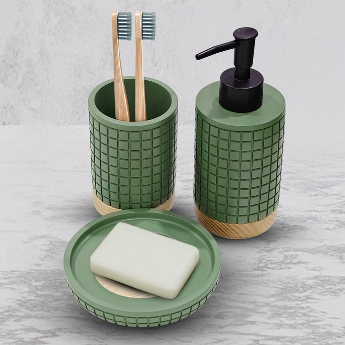 IBL 71-R3 iBELL Polyresin Bathroom Set of 3 Pcs - Soap Dispenser,Tumbler, Soap Dish for Bathroom Decor and Home Gift Set,Green textured