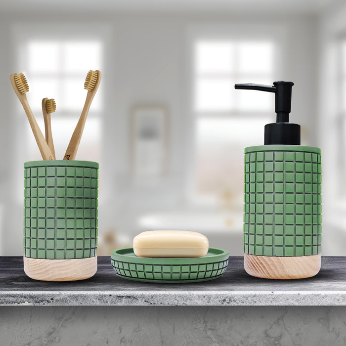 IBL 71-R3 iBELL Polyresin Bathroom Set of 3 Pcs - Soap Dispenser,Tumbler, Soap Dish for Bathroom Decor and Home Gift Set,Green textured