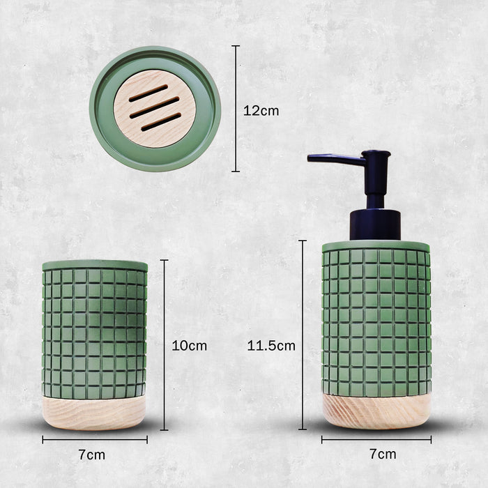 IBL 71-R3 iBELL Polyresin Bathroom Set of 3 Pcs - Soap Dispenser,Tumbler, Soap Dish for Bathroom Decor and Home Gift Set,Green textured