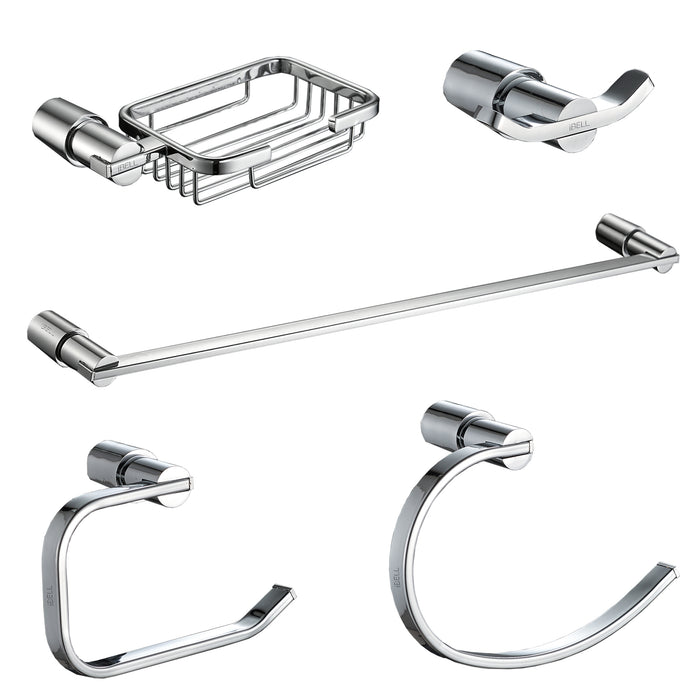 IBL 75-ZS iBELL 5-Piece Stainless Steel Bathroom Accessories Set, Chrome Finish (Towel Bar, Soap Holder, Toilet Paper Holder, Hook, Towel Ring)