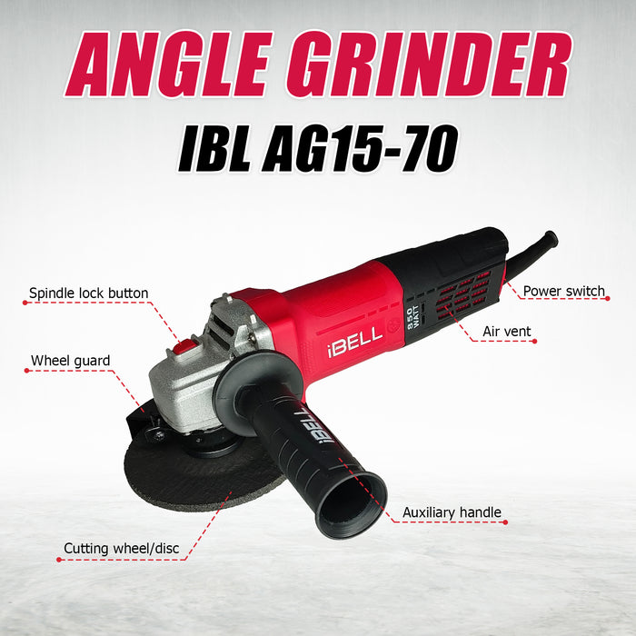 iBELL Angle Grinder AG15-70, 850W Heavy Duty, Copper Armature, Disc Dia 115mm, 11000 RPM with Grinding Wheel and Guard.