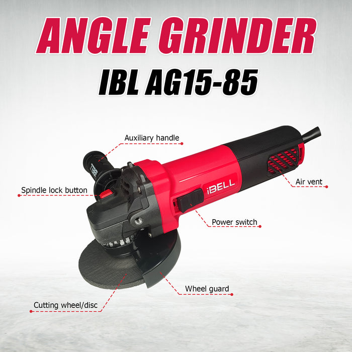 iBELL Angle Grinder AG15-85, 1100W Heavy Duty, Copper Armature, Disc Dia 115mm, 11000 RPM with Grinding Wheel and Guard.