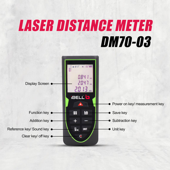 iBELL DM70-03 Classic Laser Measure 70M Mute Laser Distance Meter with Backlit LCD and Pythagorean Mode, Measure Distance, Area and Volume, Battery