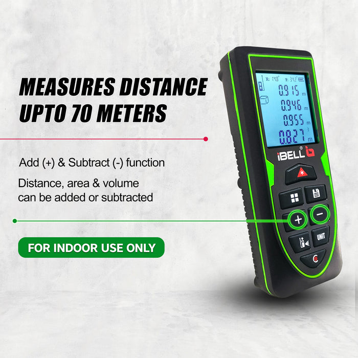 iBELL DM70-03 Classic Laser Measure 70M Mute Laser Distance Meter with Backlit LCD and Pythagorean Mode, Measure Distance, Area and Volume, Battery