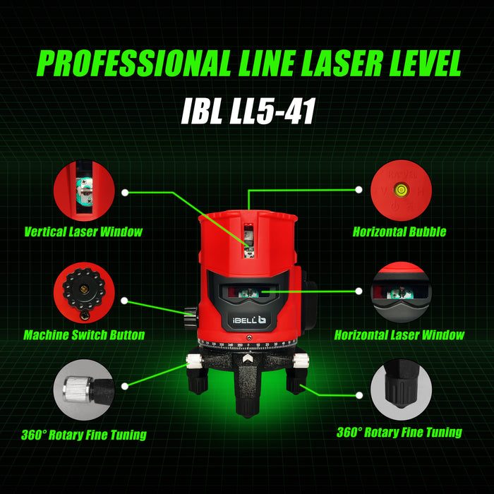 iBELL  IBL LL5-41 PROFESSIONAL LINE LASER LEVEL, 4 lines Vertical and 1 Horizontal Lines with 10m radius