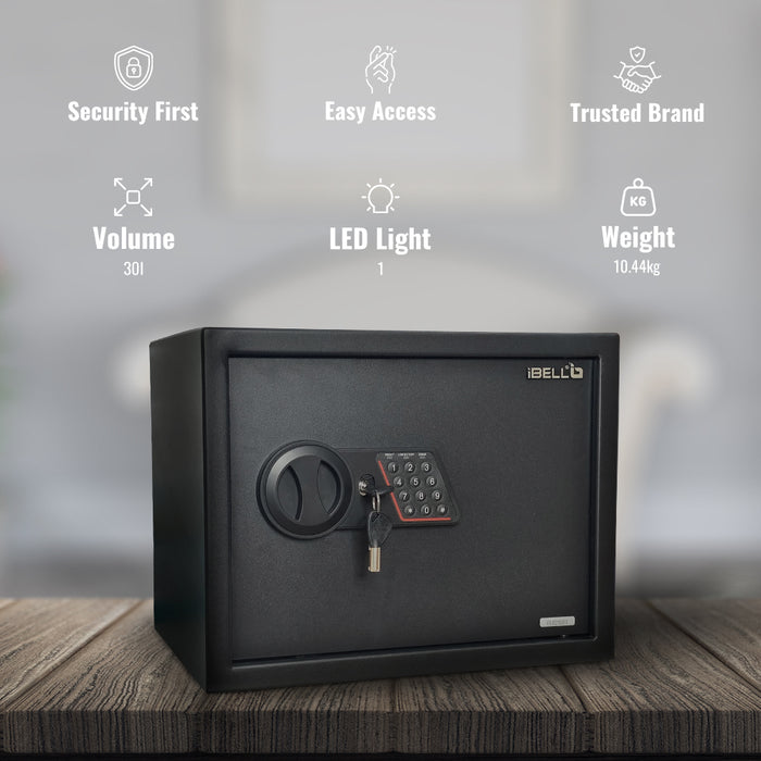 iBELL SL-30B Digital Electronic Safe Locker for Personal and Office Use | 30L Black Locker with White LED Light and Emergency Key Access