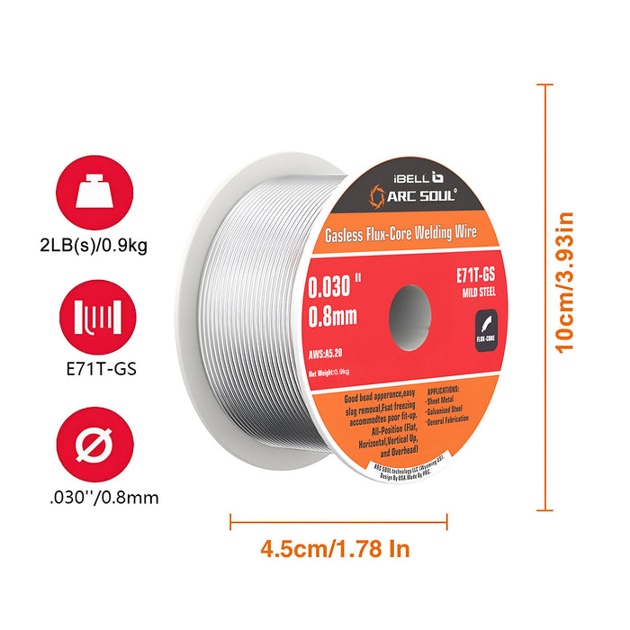 IBELL ARC SOUL1 KG. -(0.8 Mm) Mild Steel Mag Flux Core Welding Wire, E71T-GS On 1KG Spool, Professional Mild Steel MAG Gasless Wire with Low Splatter and For All Position Gasless Welding