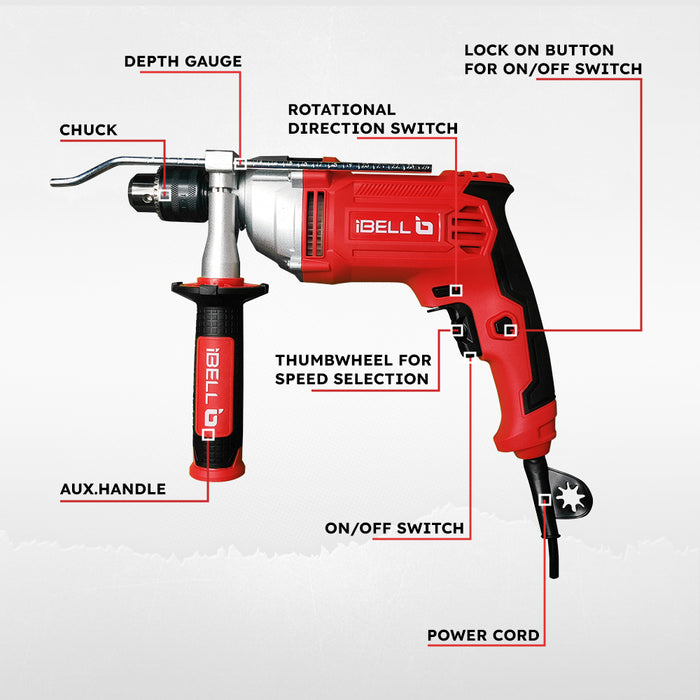 IBell Industrial Impact Drill ID13-30,1100W, Copper Armature, Chuck 13mm manual, 0-3000 RPM, 2 mode selector, Forward/Reverse with variable speed