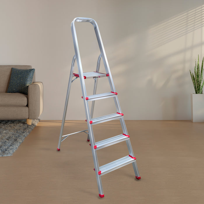 iBELL JY005 5-Step Foldable Aluminium Ladder for Home | Anti-Slip Steps | Edge Guards | Strong Safety Strap | with Sure-Hinge Technology (Orange)