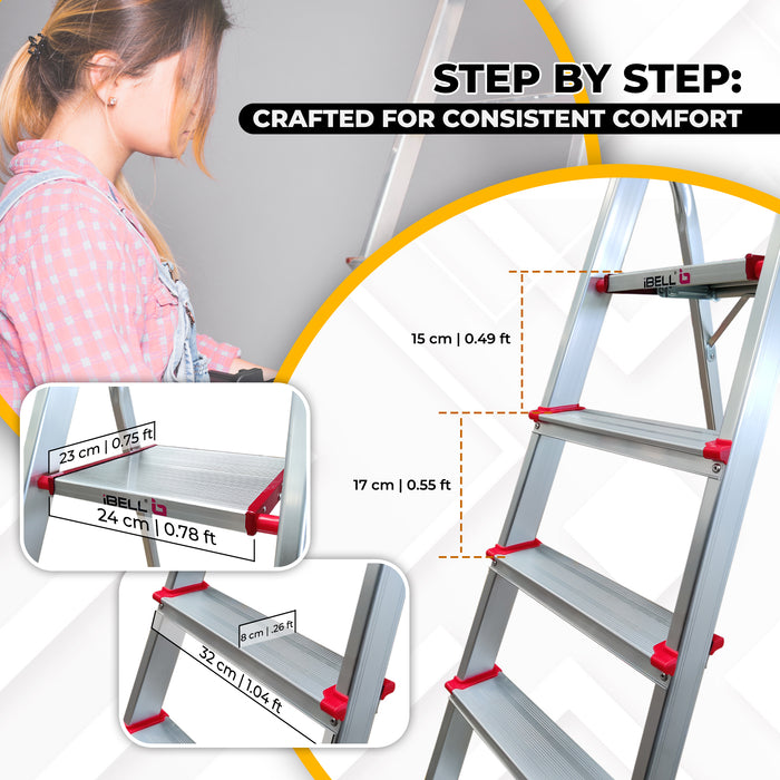 iBELL JY005 5-Step Foldable Aluminium Ladder for Home | Anti-Slip Steps | Edge Guards | Strong Safety Strap | with Sure-Hinge Technology (Orange)