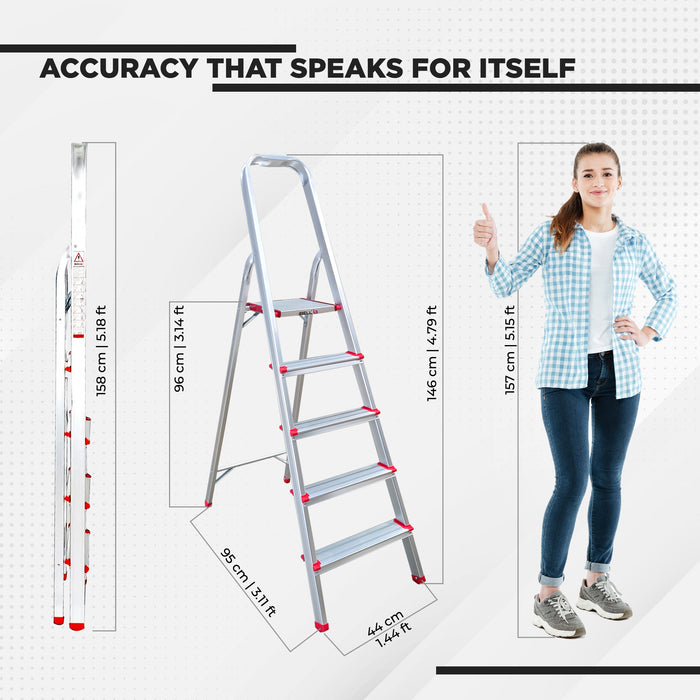 iBELL JY005 5-Step Foldable Aluminium Ladder for Home | Anti-Slip Steps | Edge Guards | Strong Safety Strap | with Sure-Hinge Technology (Orange)