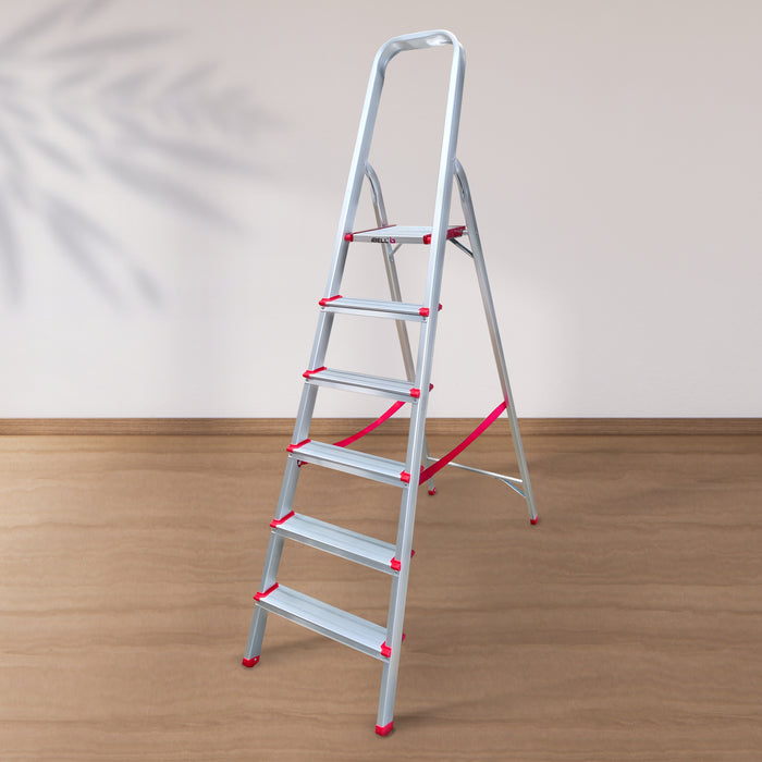 iBELL JY006 6-Step Foldable Aluminium Ladder for Home | Anti-Slip Steps | Edge Guards | Strong Safety Strap | with Sure-Hinge Technology (Orange)