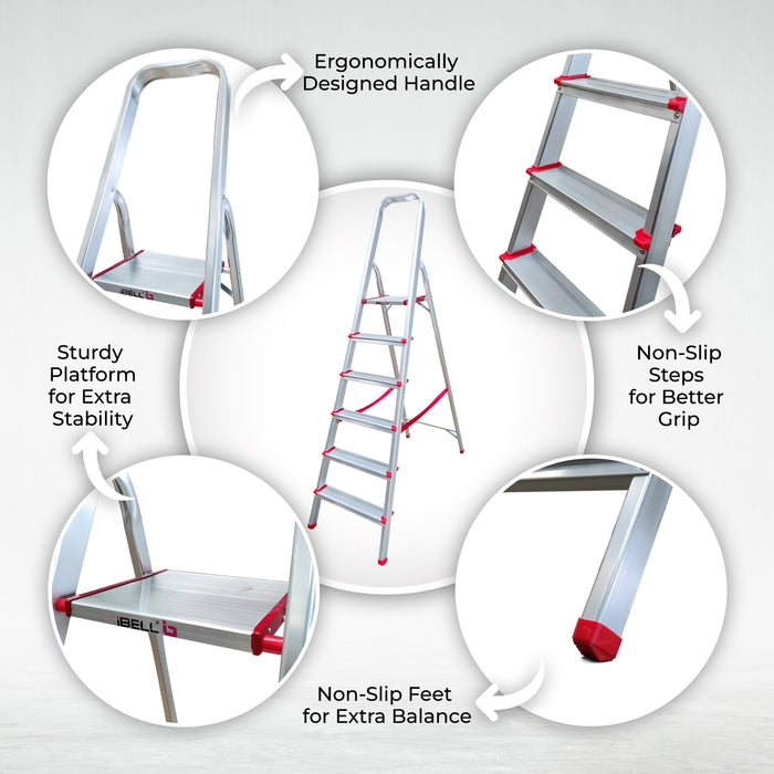 iBELL JY006 6-Step Foldable Aluminium Ladder for Home | Anti-Slip Steps | Edge Guards | Strong Safety Strap | with Sure-Hinge Technology (Orange)