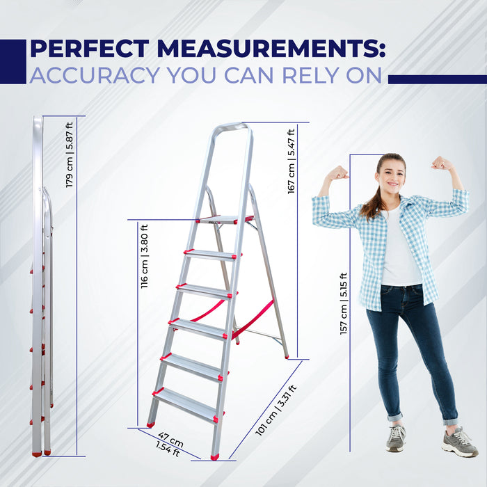 iBELL JY006 6-Step Foldable Aluminium Ladder for Home | Anti-Slip Steps | Edge Guards | Strong Safety Strap | with Sure-Hinge Technology (Orange)