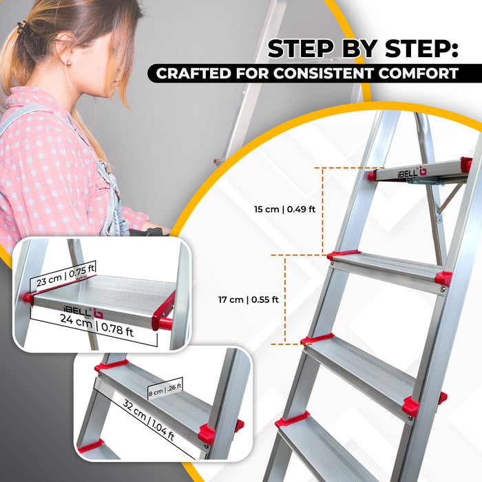 iBELL JY006 6-Step Foldable Aluminium Ladder for Home | Anti-Slip Steps | Edge Guards | Strong Safety Strap | with Sure-Hinge Technology (Orange)